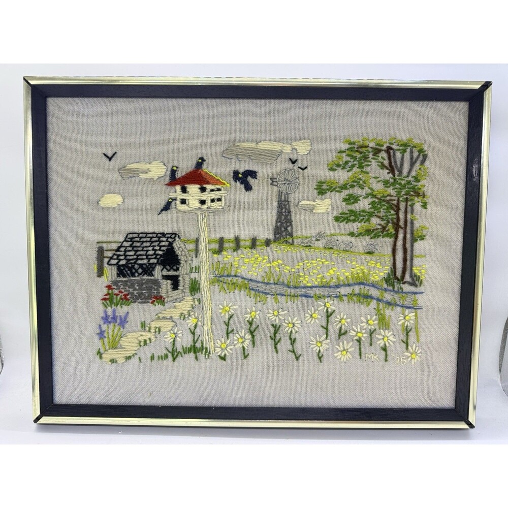 VTG 1975 Crewel Embroidered Paragon Summer Framed Countryside Crow Wall Art 0423